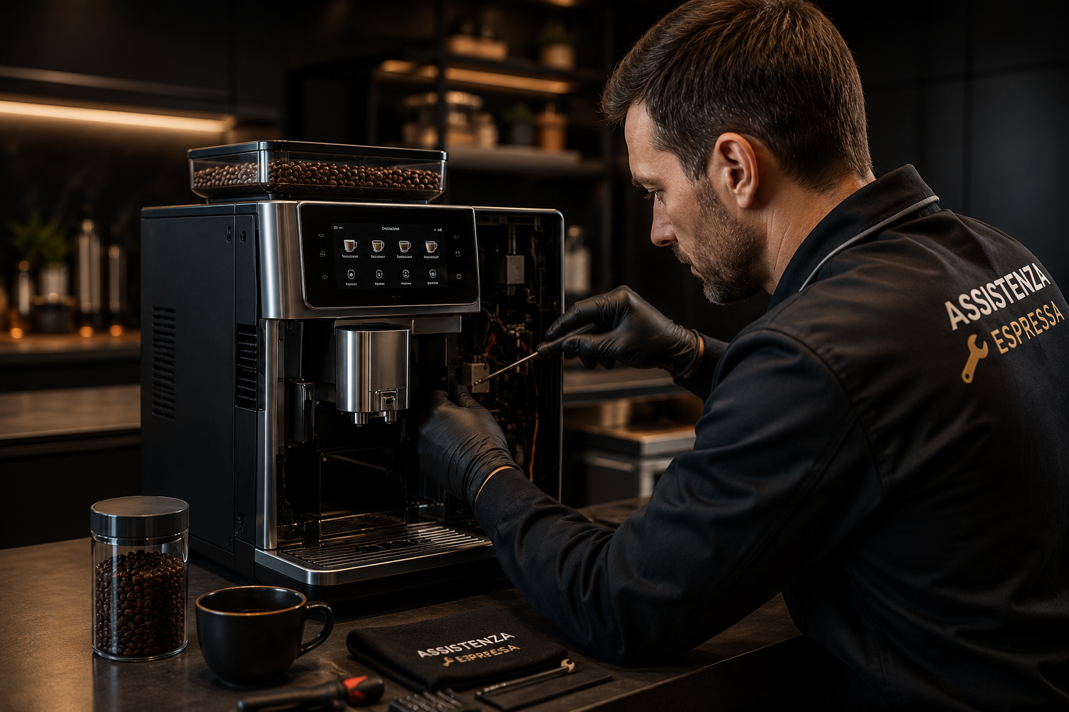 operatore che ripara una macchina automatica da caffè in grani